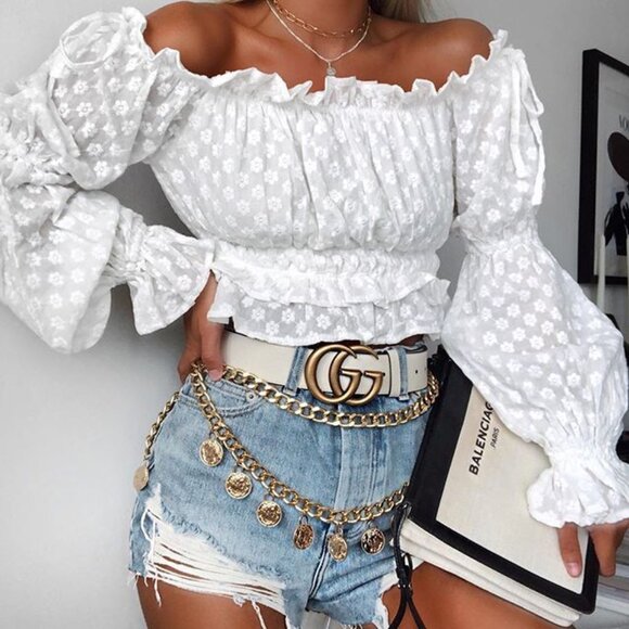 SHEIN Tops - Shein Off Shoulder Floral Ruffle Hem Peplum Crop Top Blouse White